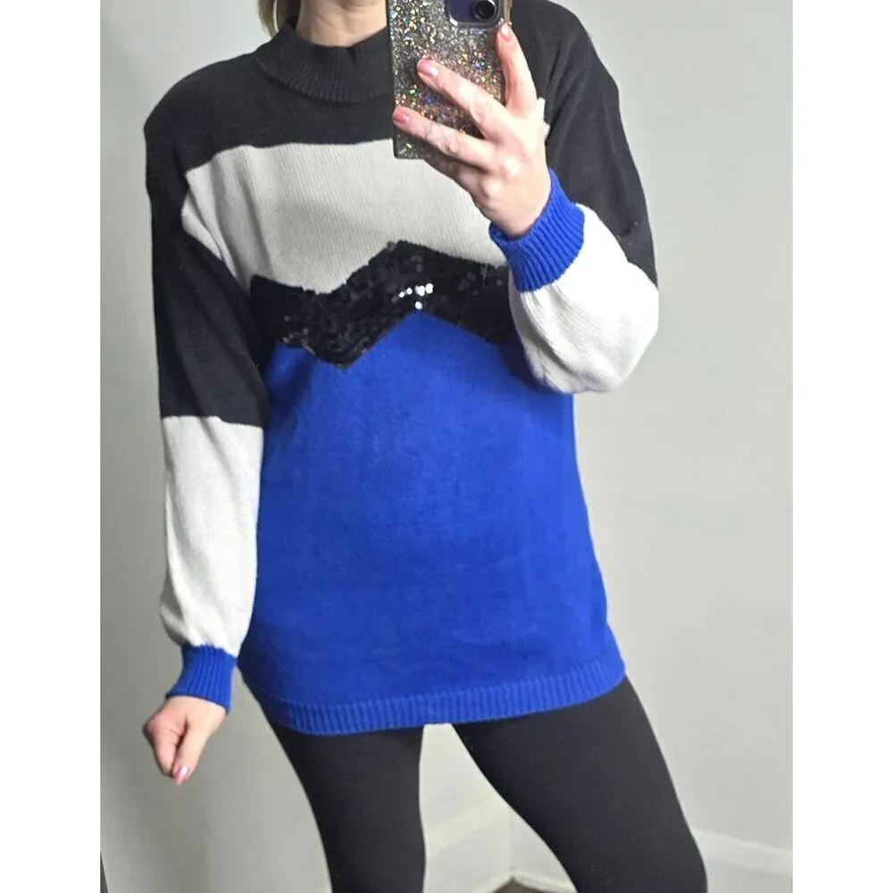 Vintage 90s Colorblock Sequin Sweater Chevron Maximalist